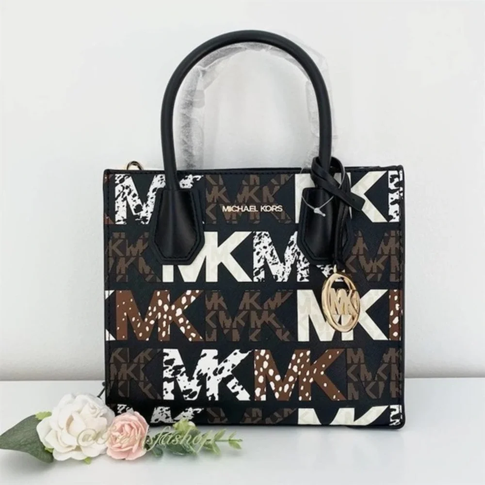 New Michael Kors Mercer Animal Print Purse crossbody satchel MK Logo Black